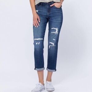 Judy Blue Boyfriend Thermal Patch Jeans Womens 26 Mid‎ Rise Western Denim Boho